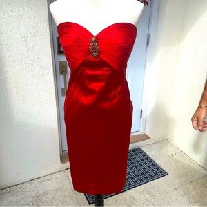 NIGHTLINE.  Red Strapless Satin Dress. Size 6. Gold/Red embellishment on…